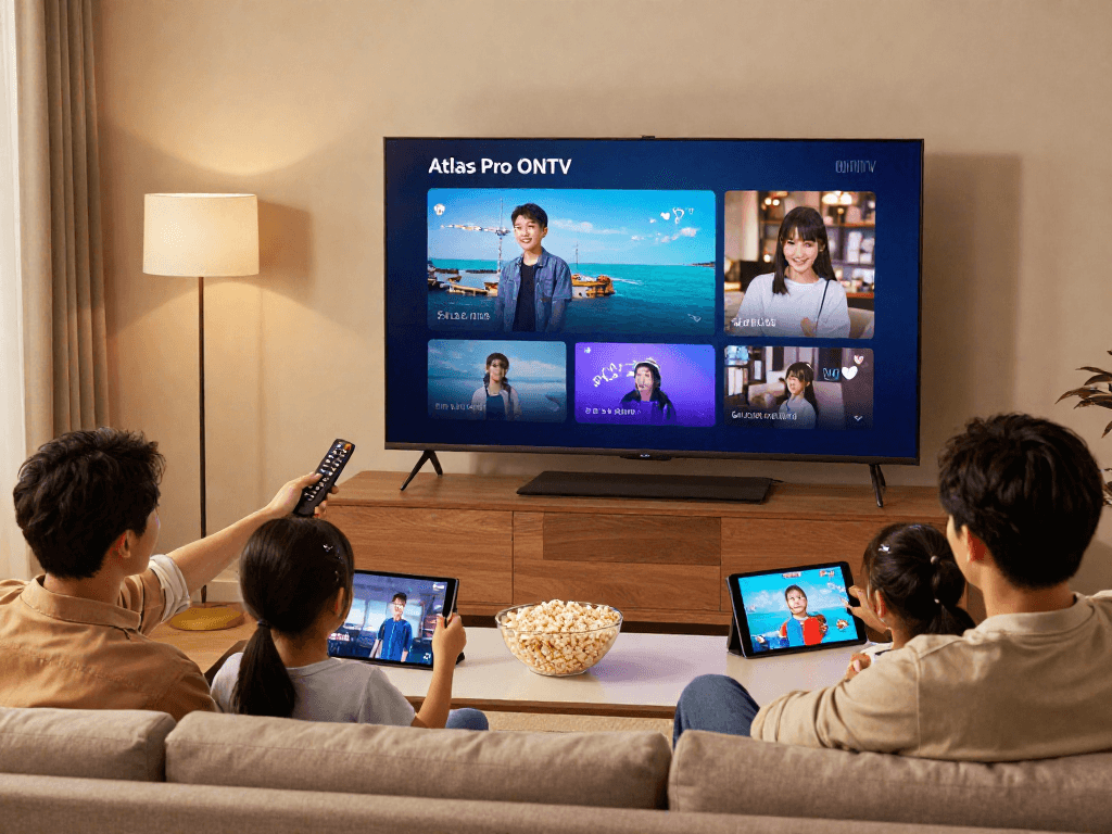 Profitez d'Atlas Pro ONTV en famille, regardant des chaînes et des films sur Smart TV dans un salon moderne.