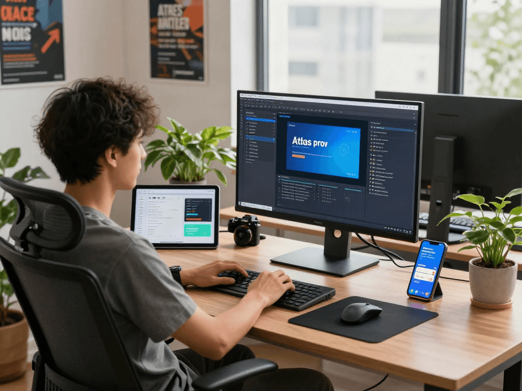 Interface de l'application Atlas pro ontv dans un bureau moderne avec un développeur concentré.