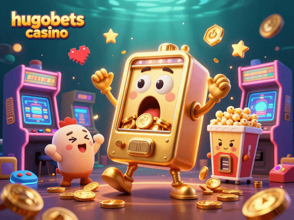 Experience excitement at hugobets casino with a golden slot machine celebrating a jackpot victory.