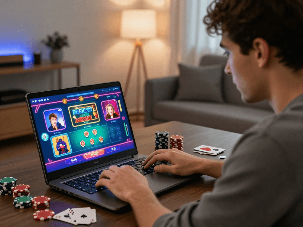 Joueur de casino en ligne engagé, entouré de jetons et de cartes, ambiance chaleureuse et intime