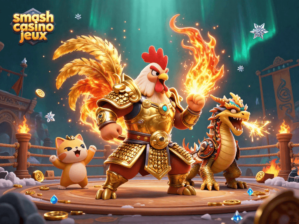 Venez découvrir les jeux smash casino avec un combat dynamique et des personnages colorés dans une scène de casino.