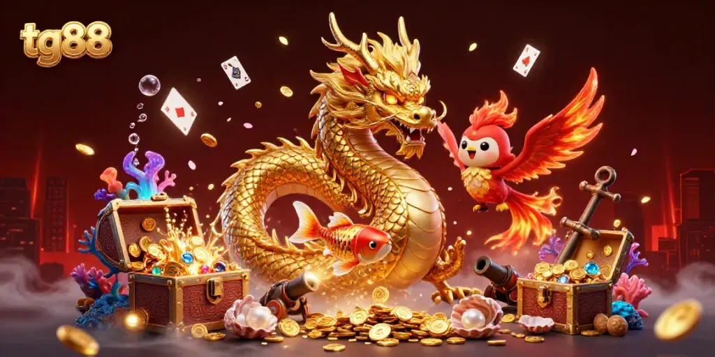 Experience the thrills of tg88 with a dynamic illustration of fortune and luck featuring a golden dragon and koi fish.