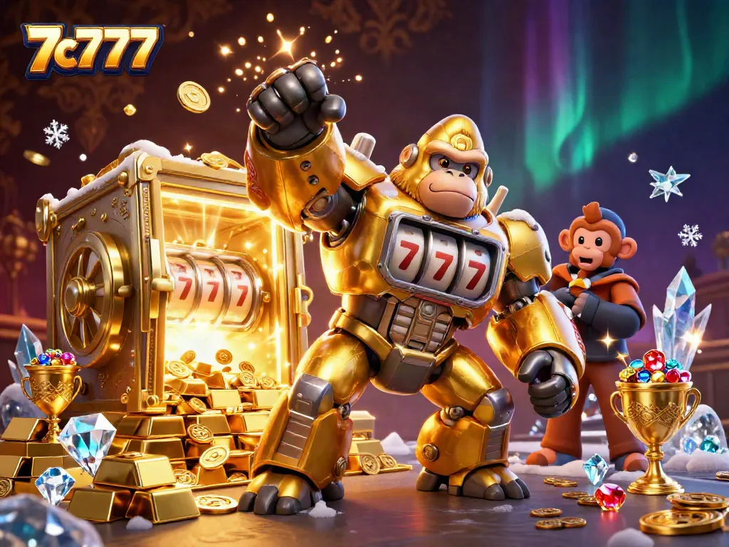 Engage with thrilling 7c777 slot dynamics featuring a golden gorilla mech and treasure explosion