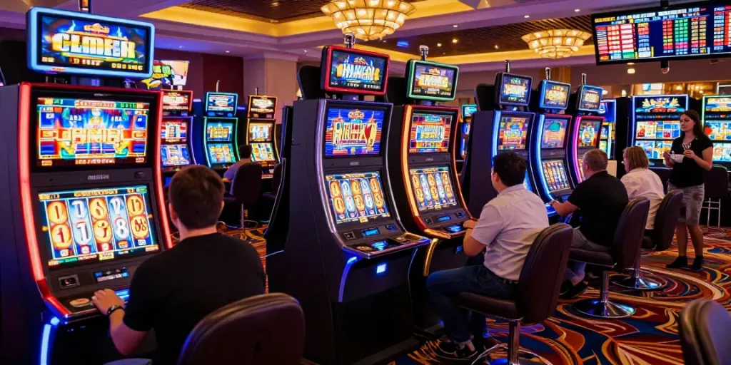 Slot mesin modern di kasino dengan pemain beragam, suasana penuh kegembiraan dan cahaya warna-warni.