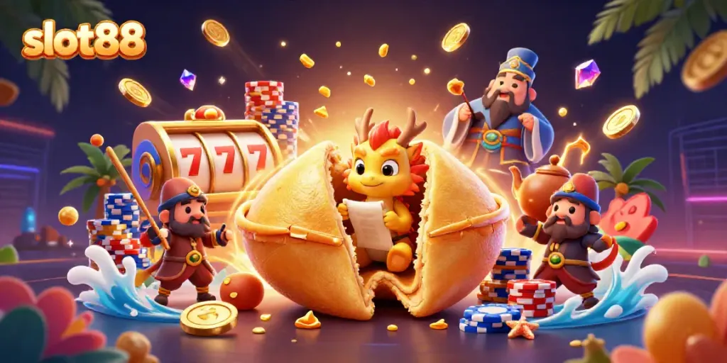 Experience slot88 with a giant golden fortune cookie, dragon, and vibrant casino elements in a dynamic 3D scene.