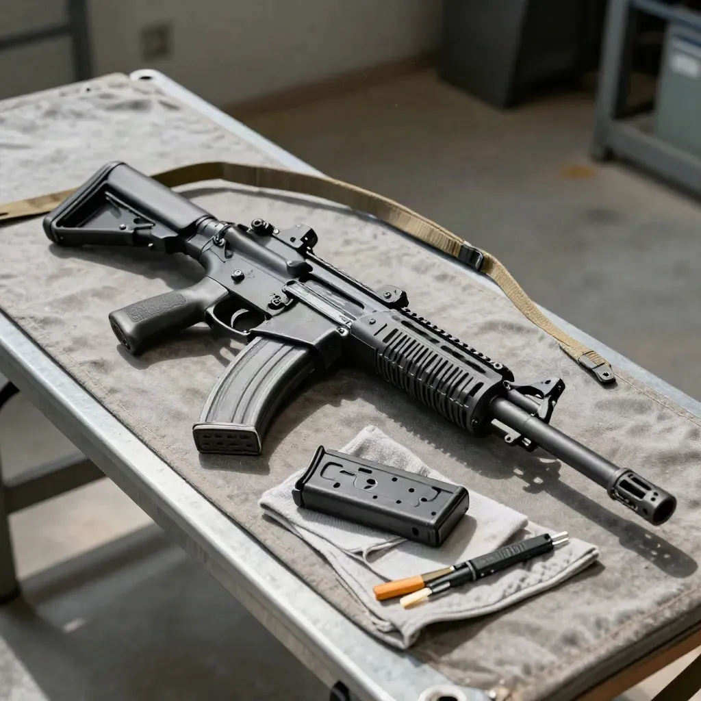 HK416F sur banc d’armurerie avec sangle, chargeur, chiffon et accessoires, lumière dure.
