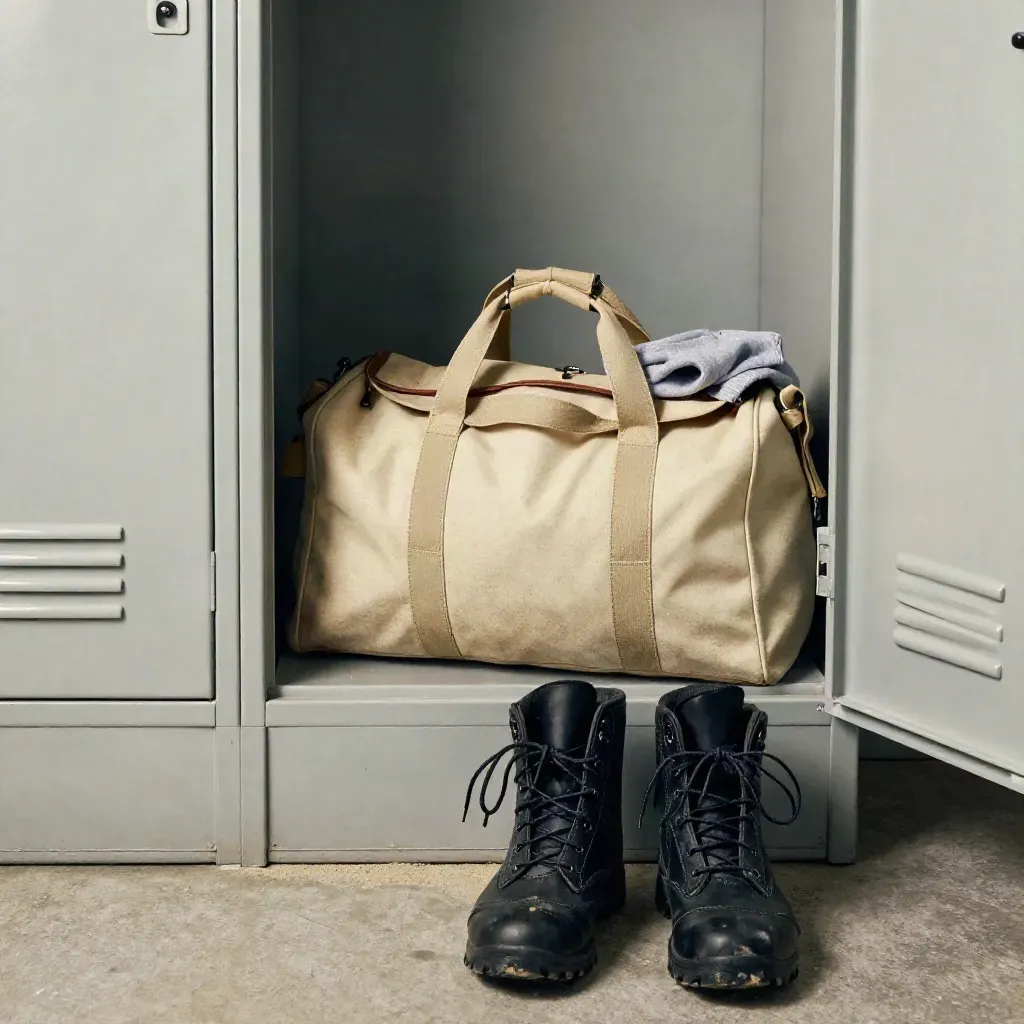 Sac prêt dans un casier militaire avec sac, bottes et sweat plié.