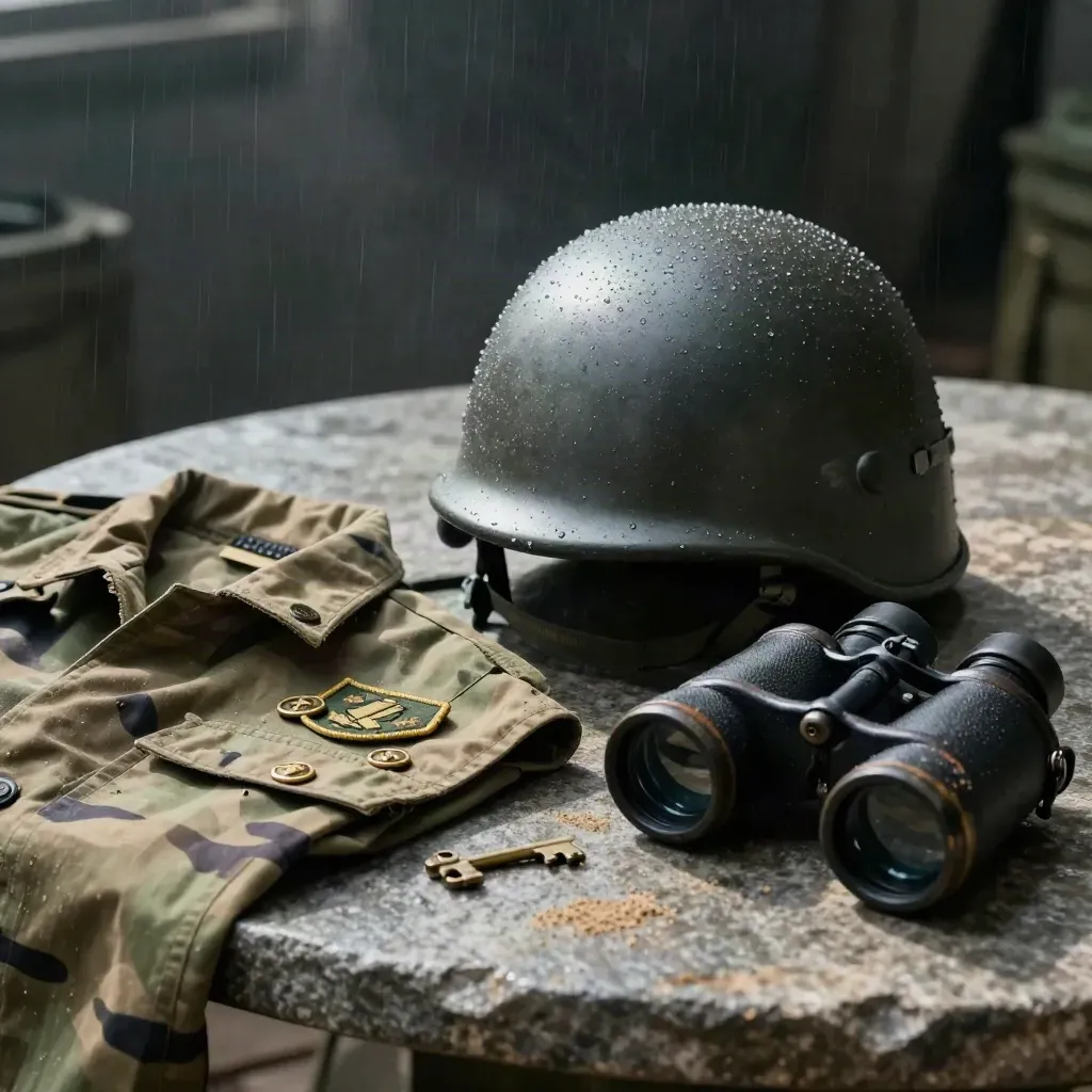 Casque militaire, smock camouflée et insignes sur une table de pierre humide, lumière dramatique.