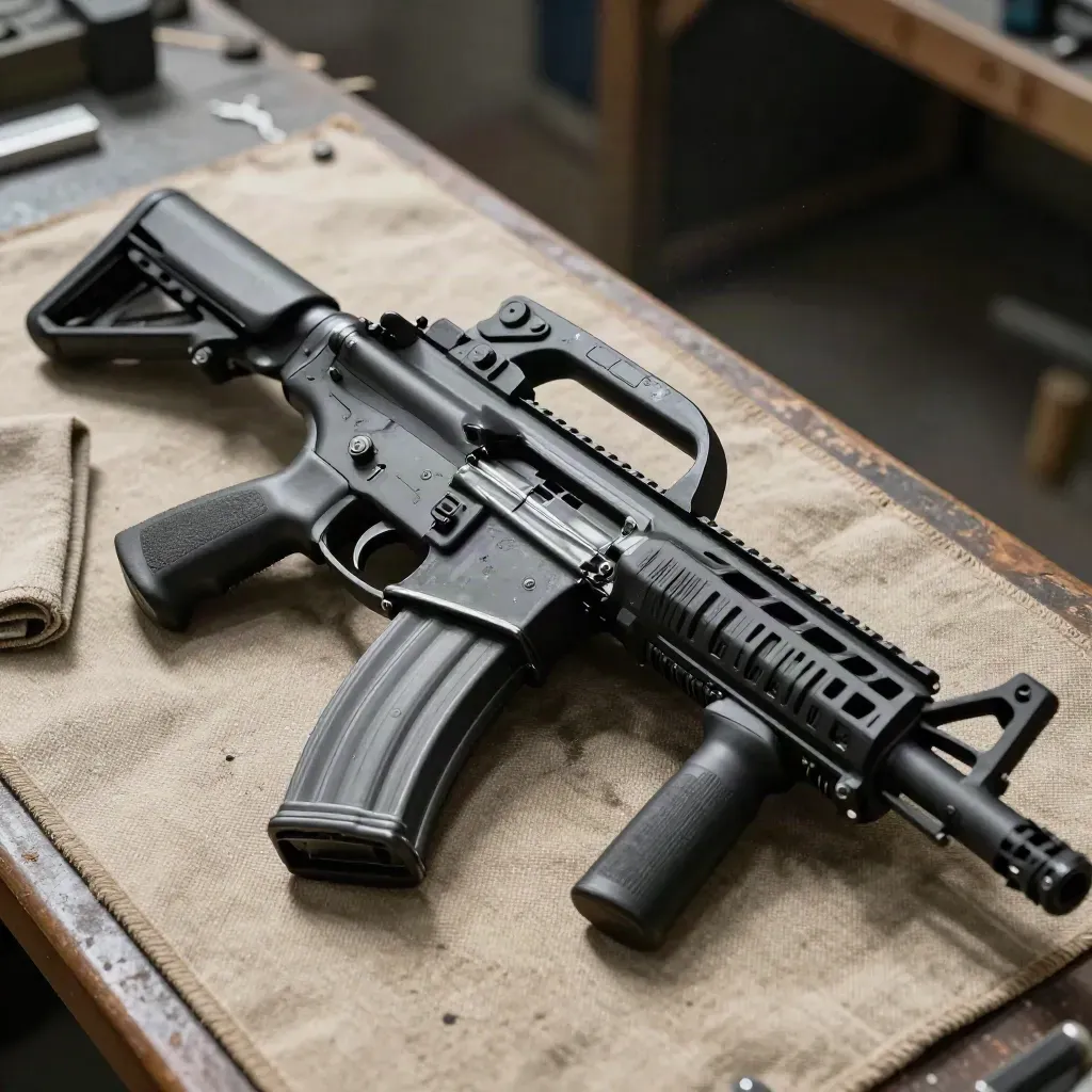 Receveur HK416F, chargeur et chiffon d’entretien sur toile, lumière dramatique.