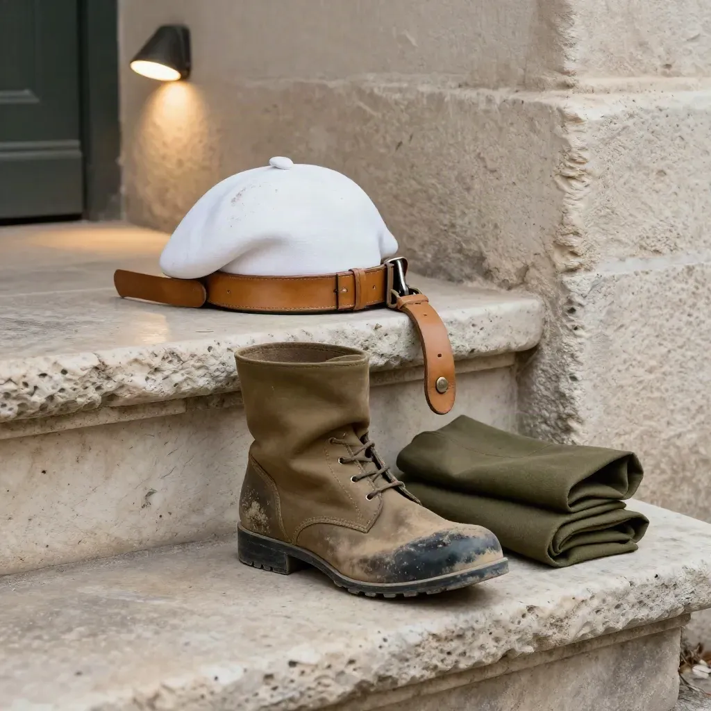 Kepi blanc, ceinturon, botte poussiéreuse et écharpe kaki sur une marche en pierre, lumière de fin de journée.