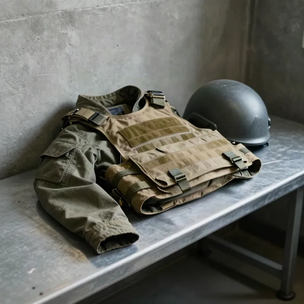 Veste, gilet balistique et casque matte sur un banc métallique de caserne