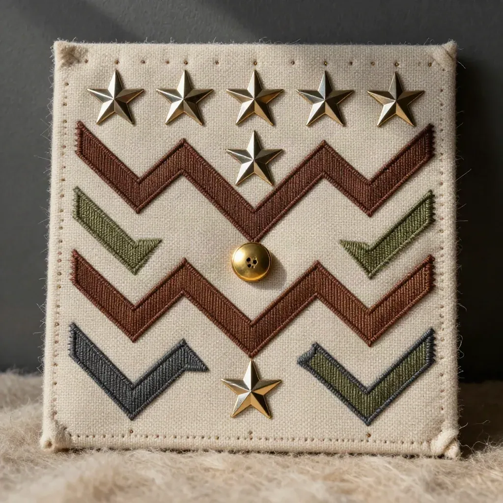 Insignes militaires brodés et étoiles métalliques sur panneau de laine, lumière douce d’atelier.