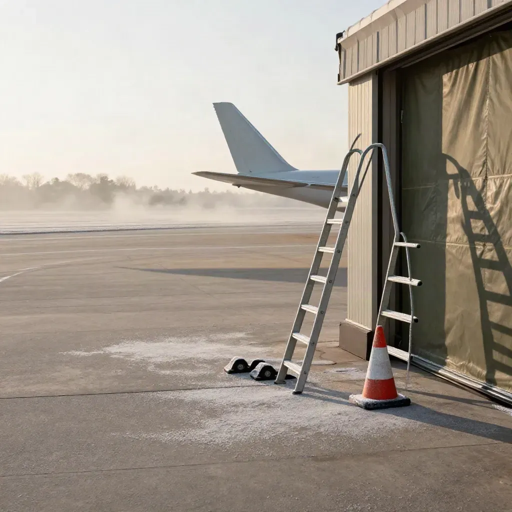 Aube froide sur une base aérienne, queue d’avion, échelle de maintenance et béton givré.