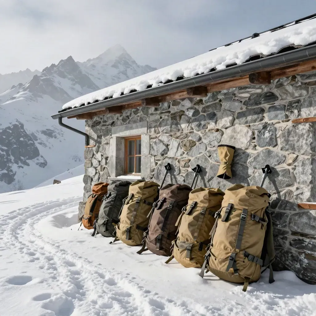 Baraquements de montagne en pierre, neige soufflée, traces de pas et équipement kaki sous la crête.