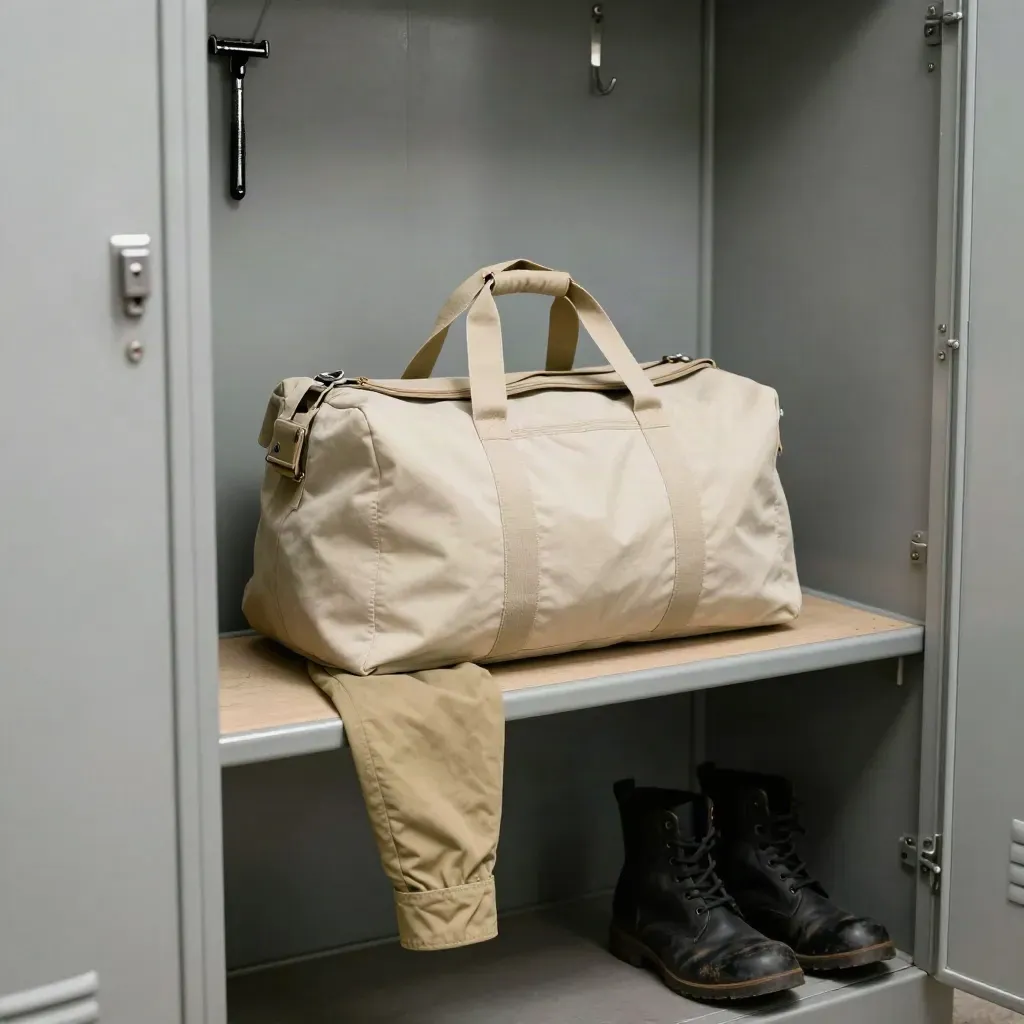 Sac de réserve, veste pliée et bottes noires sur banc de vestiaire, lumière du haut gauche.