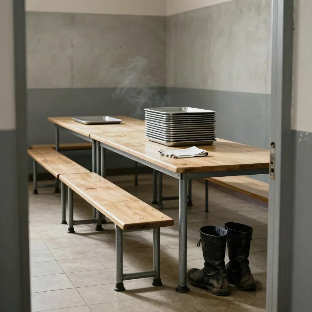 Table vide au mess, plateaux en acier empilés, bottes près du banc, atmosphère militaire sombre.