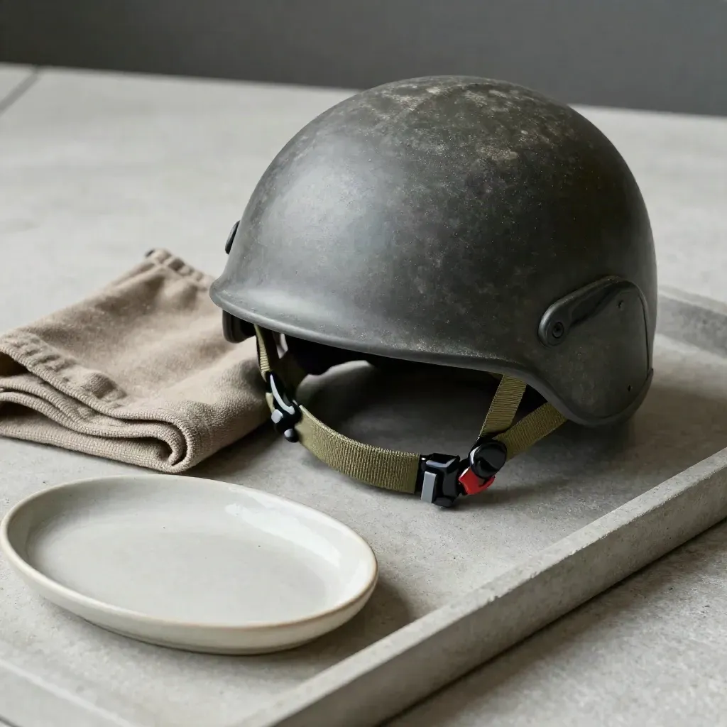 Casque balistique, tissu plié et plat en céramique sur pierre claire.