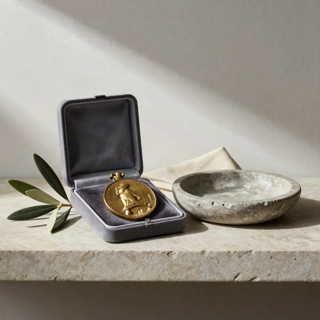Médaille militaire patinée dans son écrin, avec lin plié, brindille sèche et coupe en pierre.