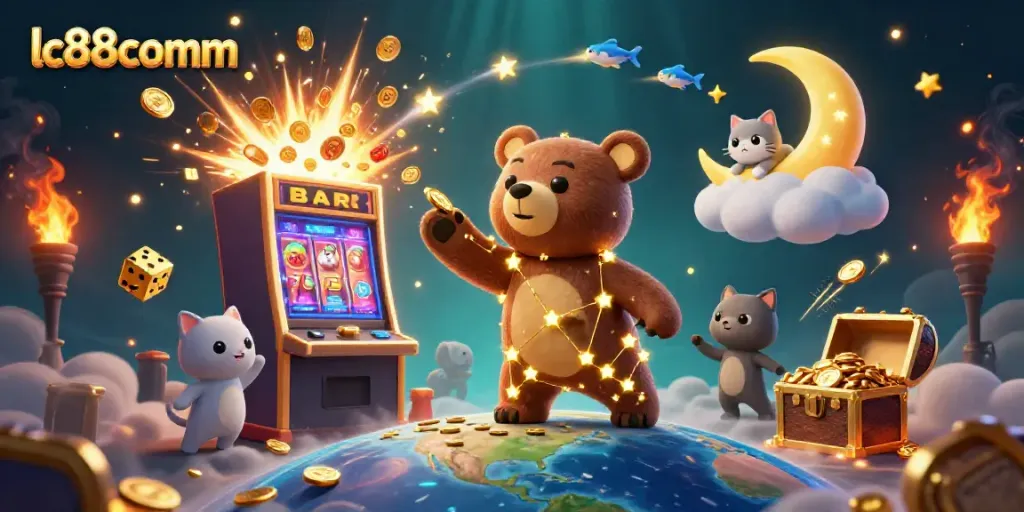 Experience the vibrant lc88comm casino world with a golden constellation bear and dynamic jackpot elements.