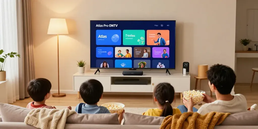 Famille profitant d'une soirée cinéma avec l'application atlas pro ONTV sur un grand téléviseur intelligent