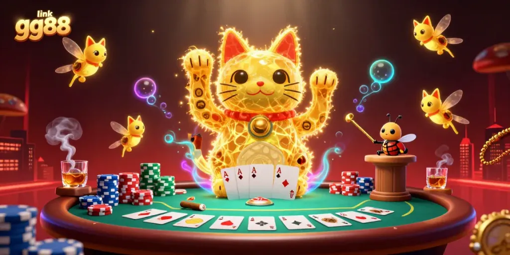 Experience thrilling gameplay with the link gg88 lucky cat illustration, showcasing vibrant casino symbols.