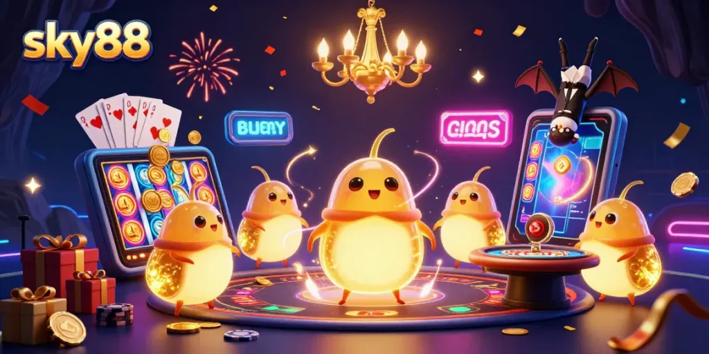 Experience sky88's vibrant gaming atmosphere with glowworms illuminating an exciting casino scene.