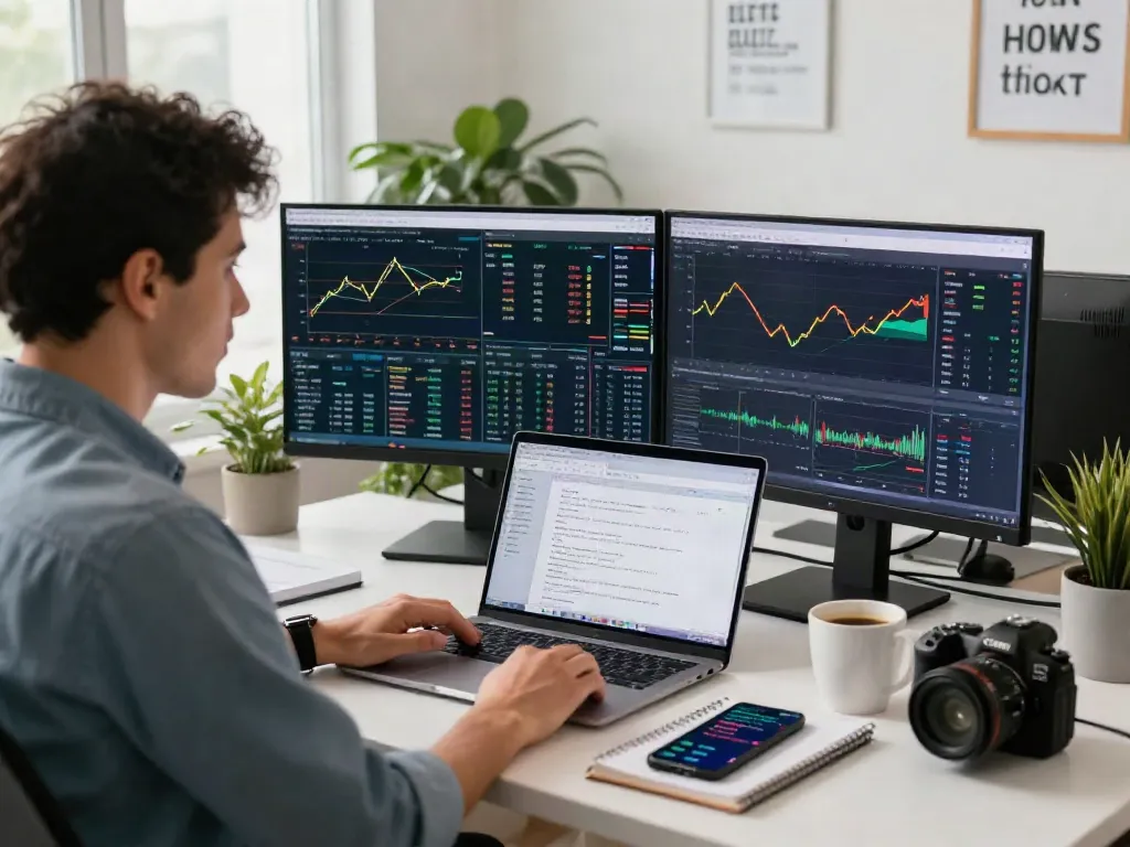Vue d'un trader utilisant essor invexaro pour analyser les marchés dans un bureau moderne.